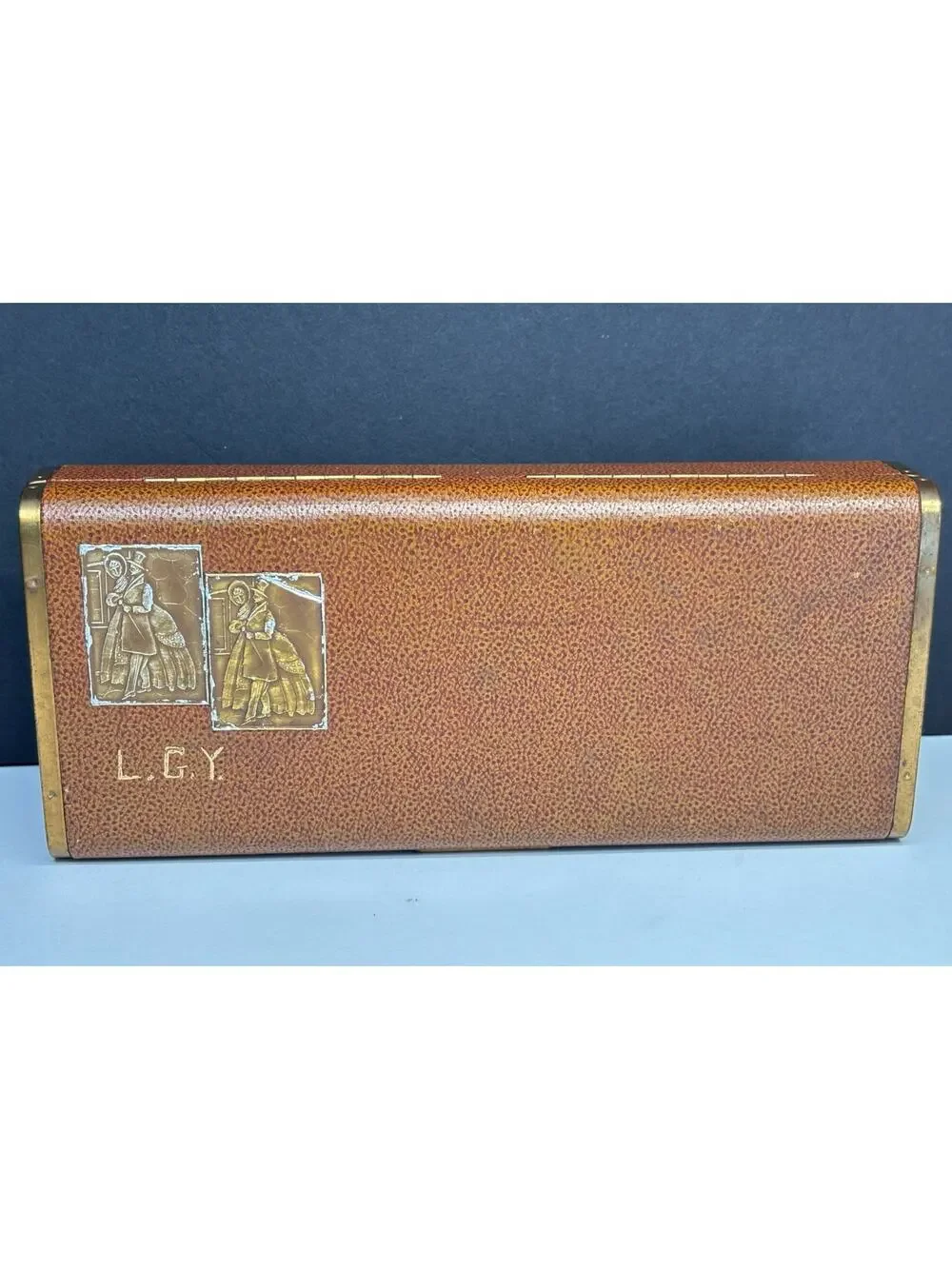 Vintage Farrington Genuine Texol Travel Jewelry Case Brass Trim Victorian Plaque